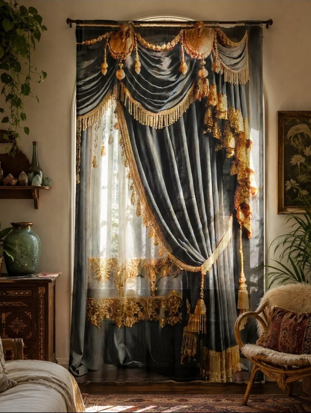 4/$15 Black Gold Baroque Curtain Panel 51x80" Boho Maximalist Gothic Glam